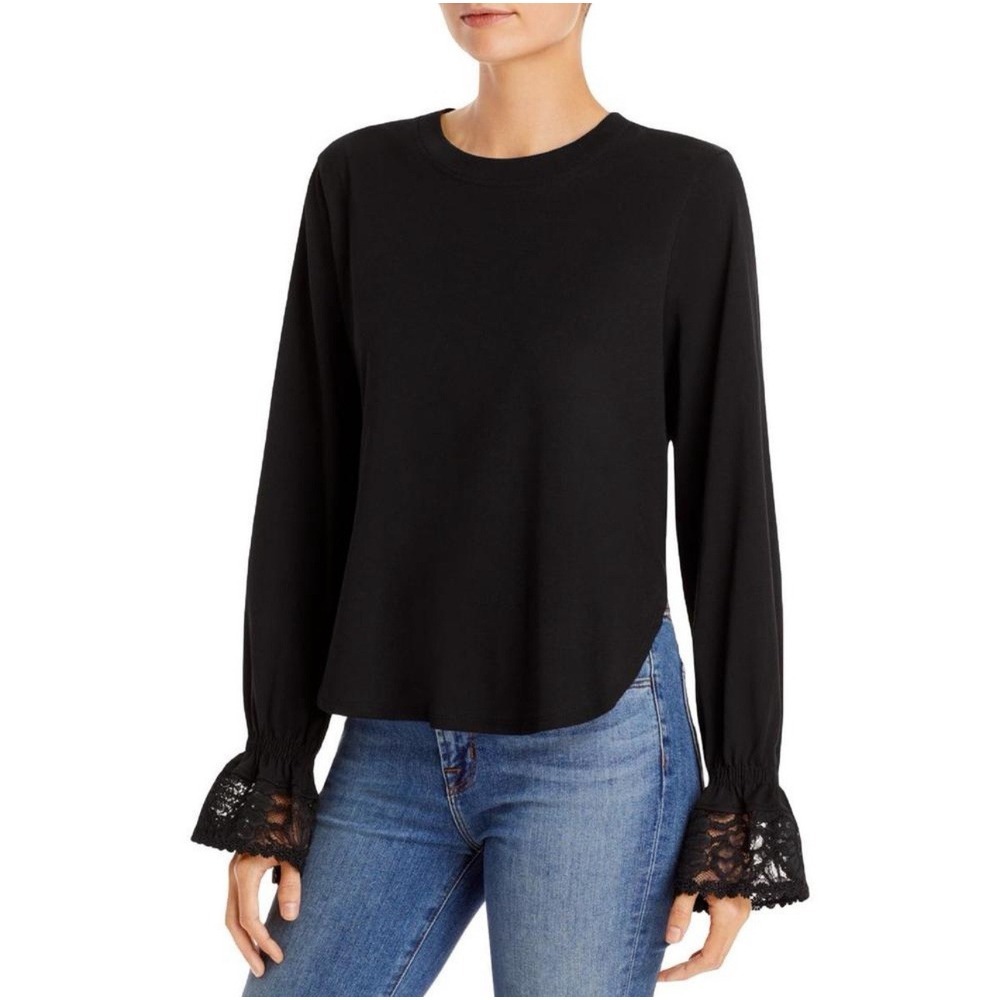 See by Chloe Cotton Crewneck Lace Trim Bell Sleeve Guipure Blouse Black Size S